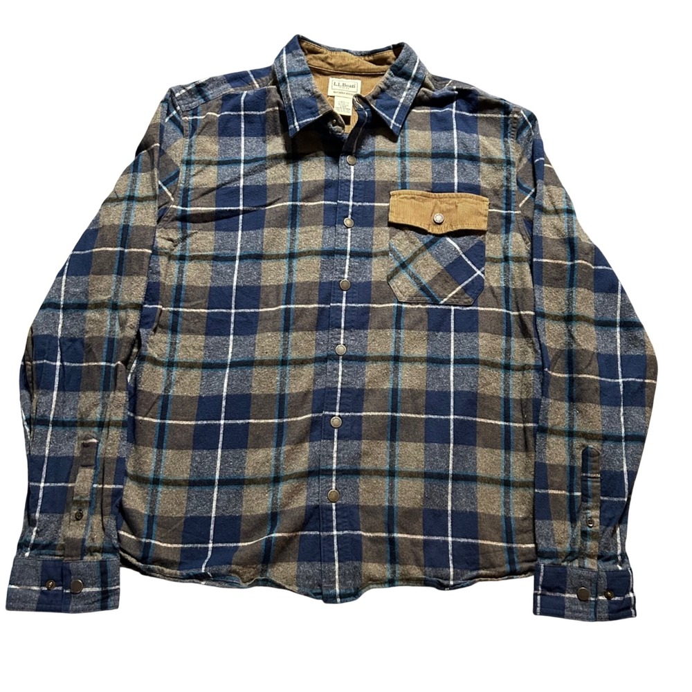 L.L. Bean Flannel Shirt Mens L Blue Brown Plaid Corduroy Trim Snap Front 525892